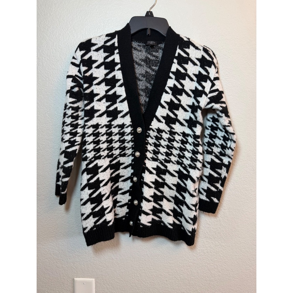 Talbots Petite Black White Houndstooth Pearl Button Cardigan Sweater Size P